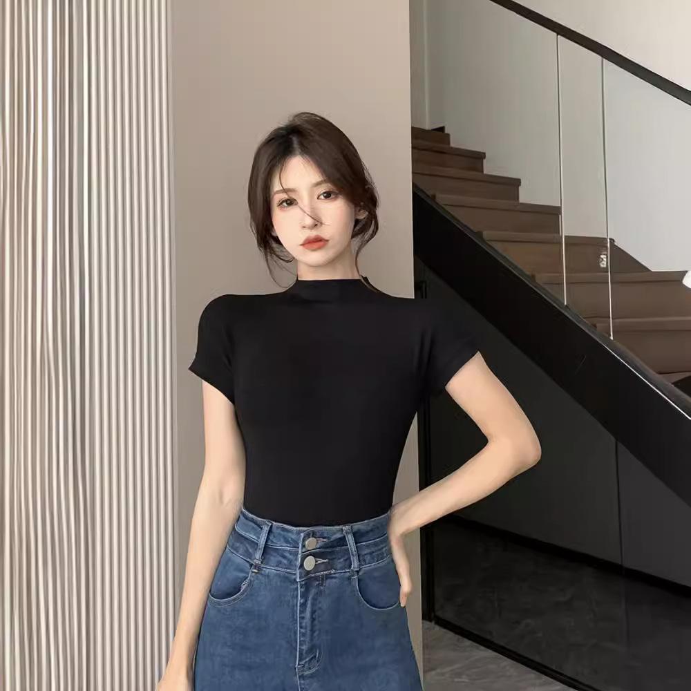 High-necked Short-sleeved T-shirt for Women's Summer Slim-fitting and Thin Bottoming Shirt with Student Top Inside