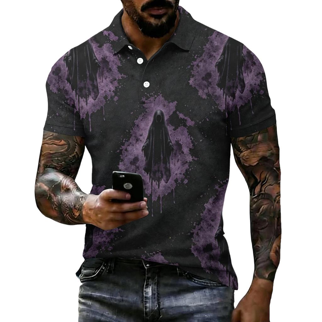 Men's Halloween Print Short Sleeve Polo Shirt Loose Fit Casual Summer Daily Top Button Down Collar