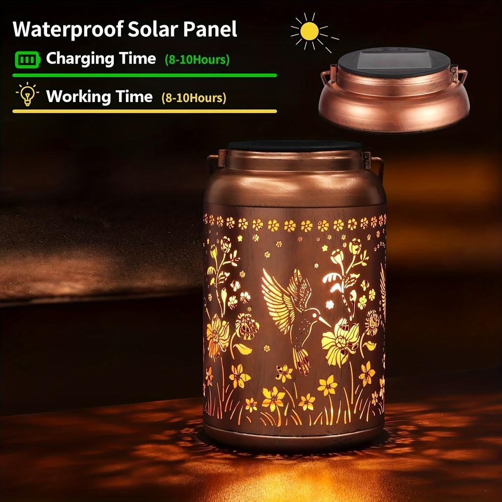 Solar Lantern Featuring a Hummingbird Design, Perfect for Outdoor Decor. It Includes a 600Mah Rechargeable Battery, Making It Ideal for Yard Art