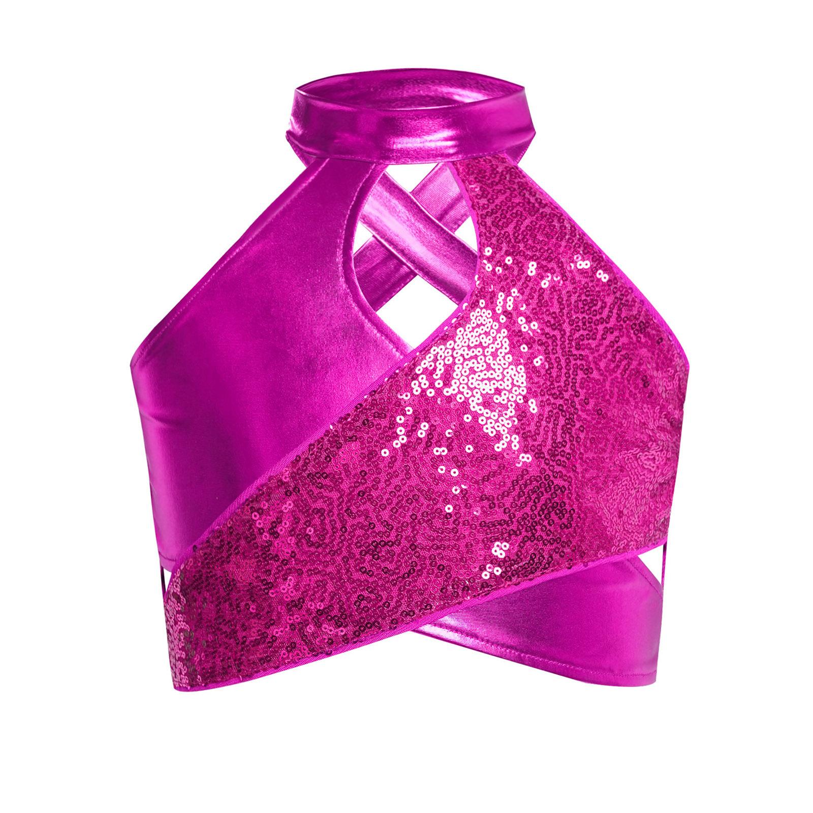 

Дівчата латиноамериканських танців укорочений топ з хрестом на замковій щілині, блискучі блискітки з металевим дизайном для бальних джазових виступів 7-8 Years гарячі рожевого кольору