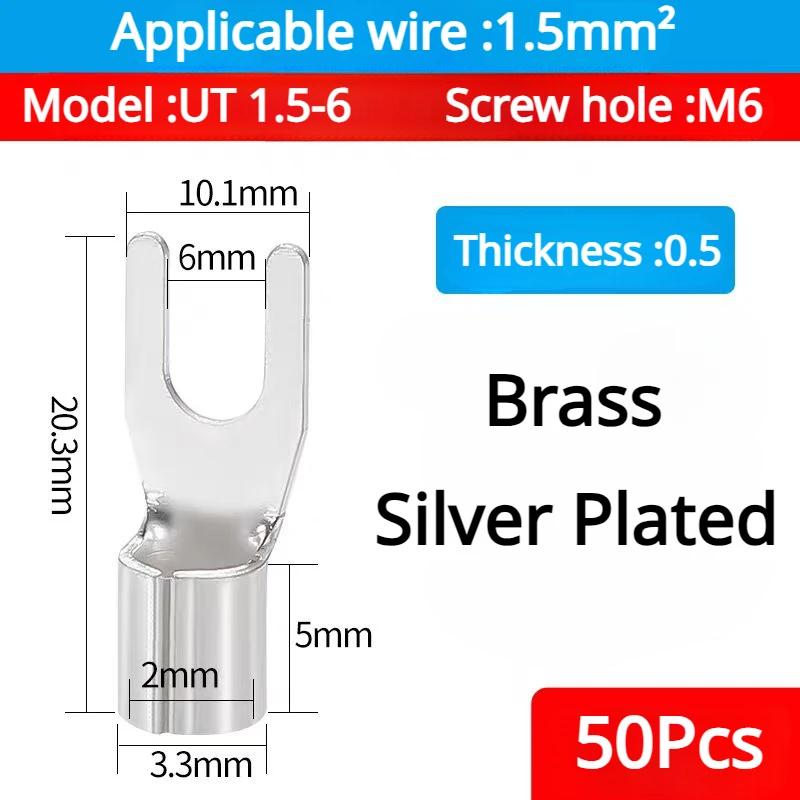 50PCS UT1.5 -10 Non-Insulated Ring Fork U-Type Terminal Tin-Plated Copper Terminals Assortment Kit Cable Wire Connector Crimp