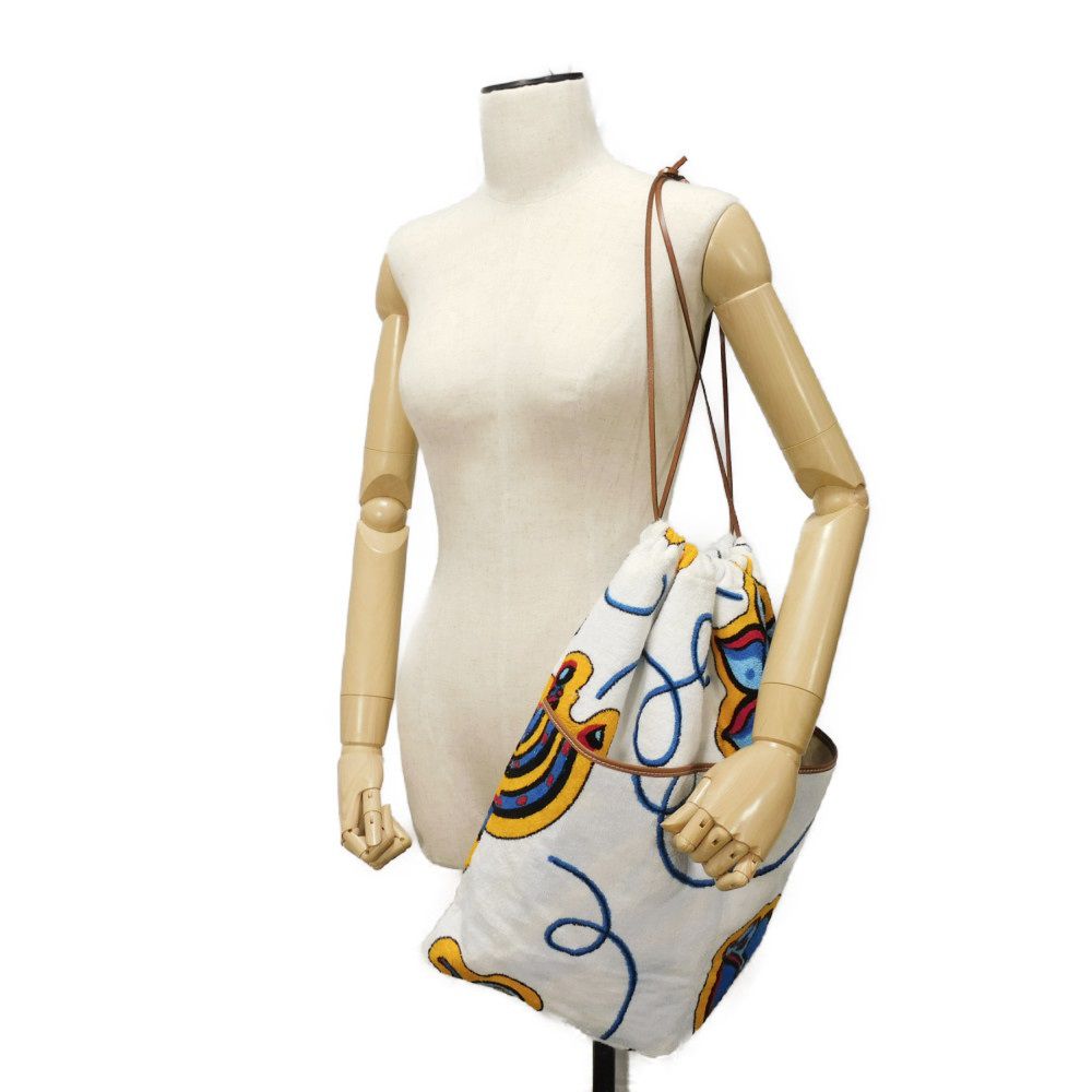 Used 12695 Drawstring Large Bag 7922 Logo Towel Multicolor Calfskin Tan Drawstring Bag Paula's Ibiza Pile White Unisex