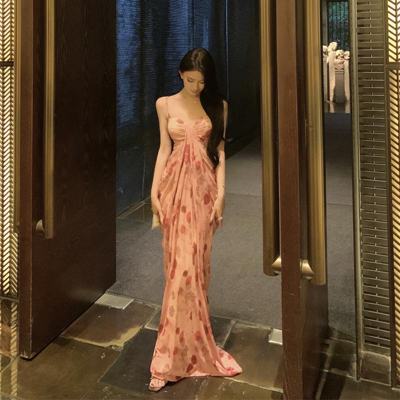 Seaside Photo Printed Long Dress Feeling Slim and Long Vacation Tube Top Suspender Dress Summer