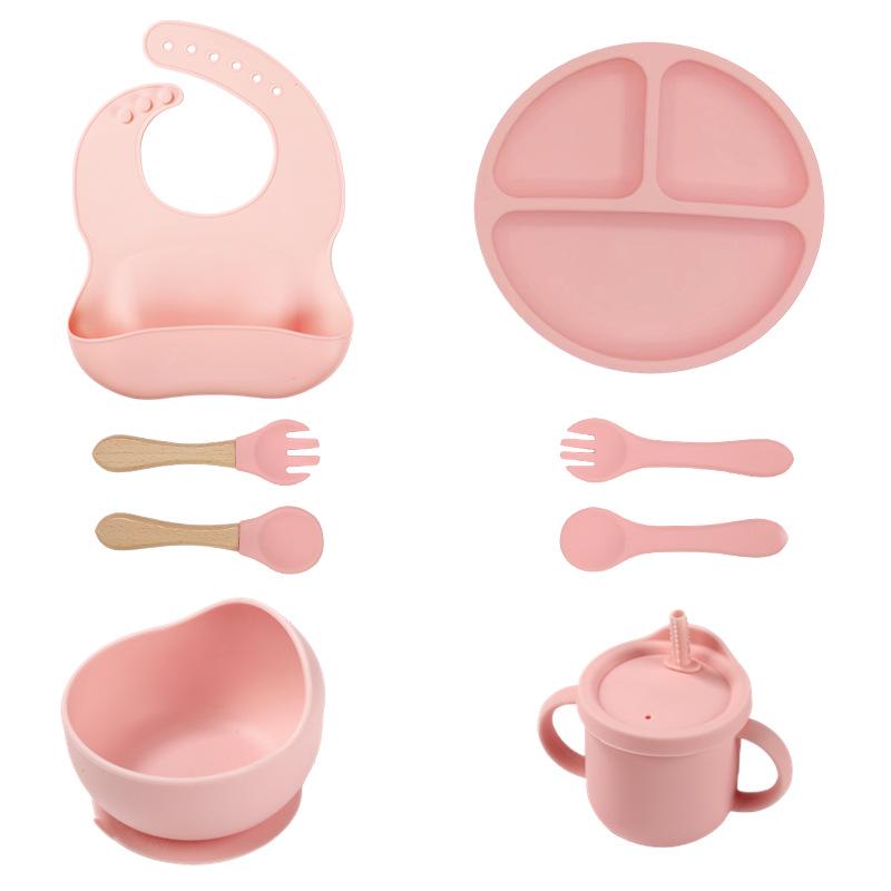 Silicone Baby Feeding 8-Piece Tableware Set with Compartment Plate