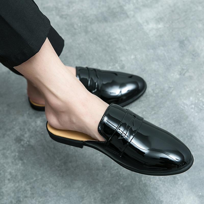 Summer Half Shoes for Men Black Loafers Slippers Patent Leather Mens Casual Driving Shoes Lightweight Flats Mules Slides Sandals