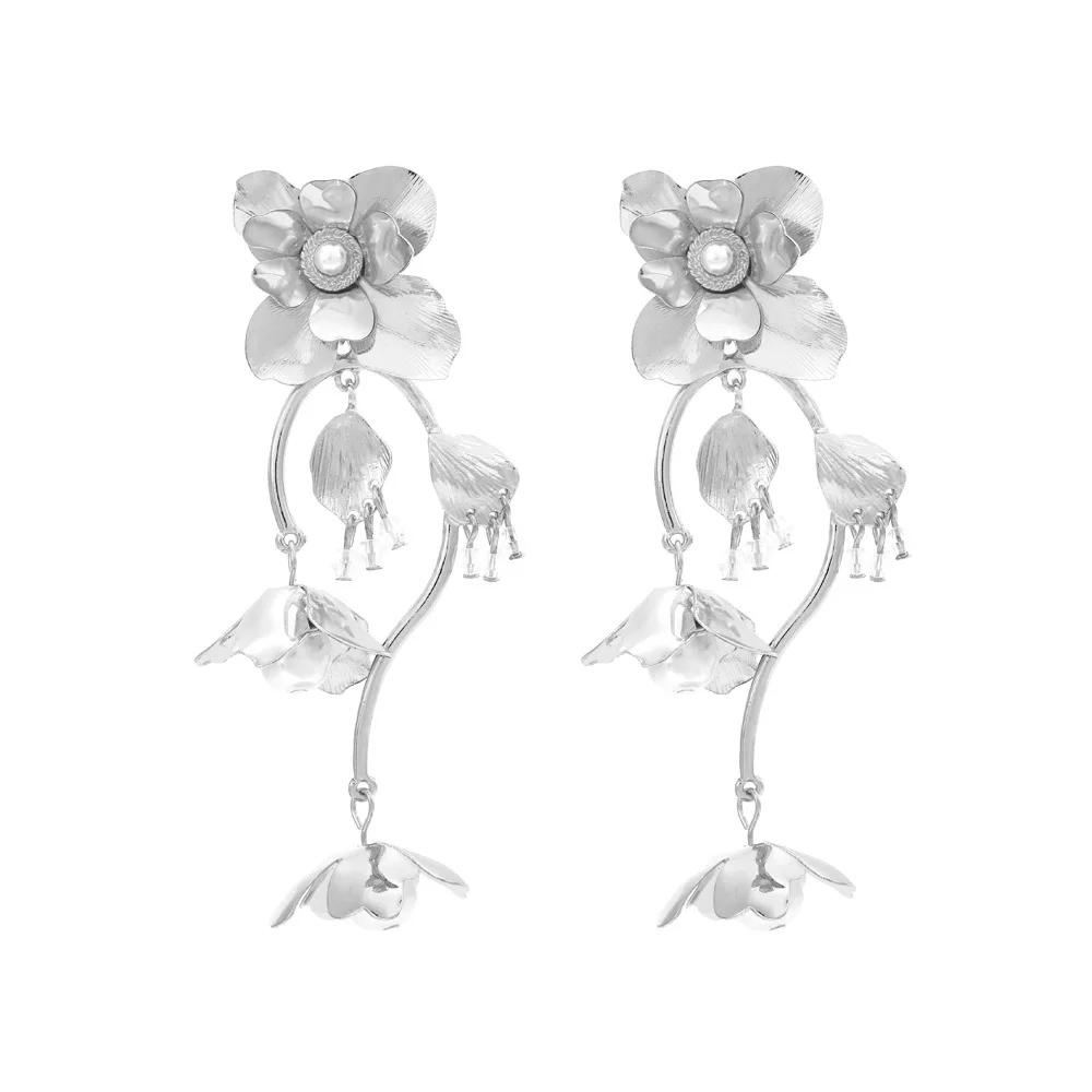 New Metal Leaf Flower Tassel Earrings Women's Vintage Exaggerated Dangle Earrings Banquet Jewelry AccessoriesZAA