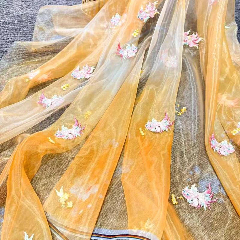 Printing Silk Chiffon Fabric Koi Carp Embroidery Fabric Tulle Handmade DIY Chinese Ancient Hanfu Stage Dance Dress Wedding Decor