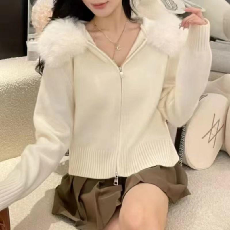 Autumn and winter new hooded short fashion knitted cardigan small imitation fox fur collar jacket women's sweater
