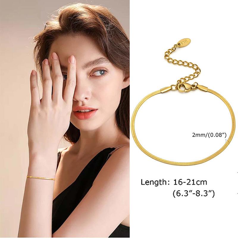 Gold Color Flat Snake Chain Bracelets for Women, Stainless Steel Herringbone Figaro Rope Italian Chain, Length Adjustable