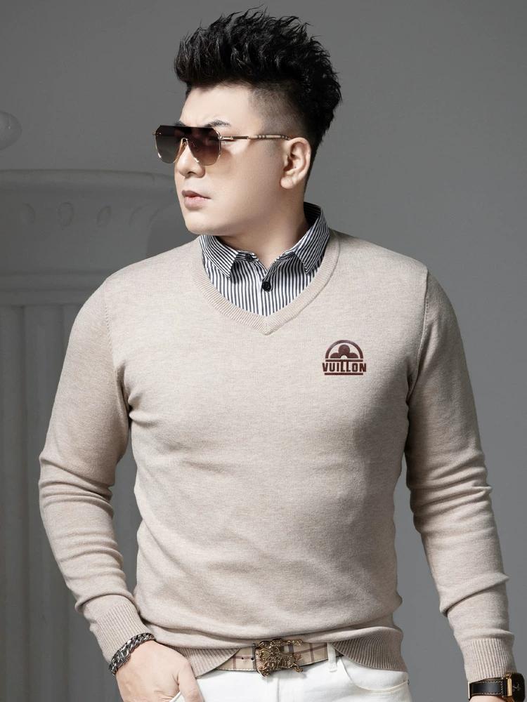 European Men s Sweater 2025 Autumn and Winter New Trendy Printed Fake Two-Piece Knitwear V-Neck Sweater M хаки