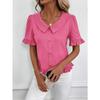 Women S Short Sleeve Blouse Doll Collar Pleated Solid Color Casual Top