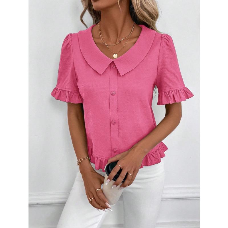 Women S Short Sleeve Blouse Doll Collar Pleated Solid Color Casual Top