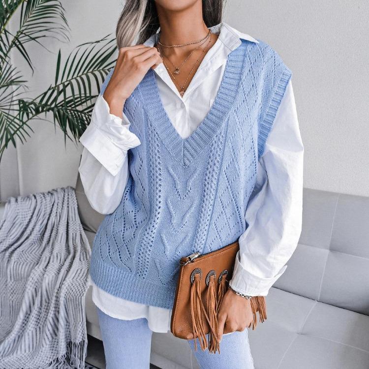 Women Sleeveless Knit Sweater Solid Color V Neck Twist Cutout Tank Top Sizes S To L