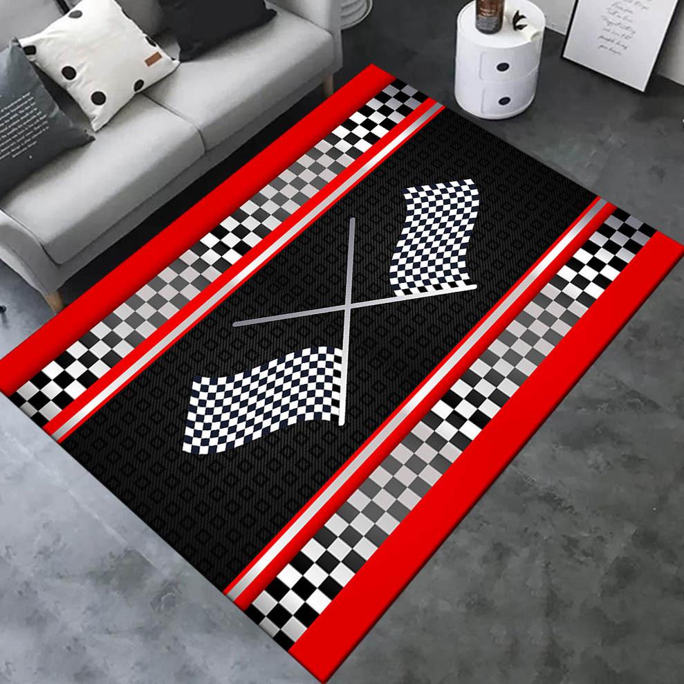 Retro Rennflaggen Teppich, Kariertes Design Rutschfeste Fußmatte für Man Cave Garage Schlafzimmer, Motorsport-Enthusiasten Dekor Teppich