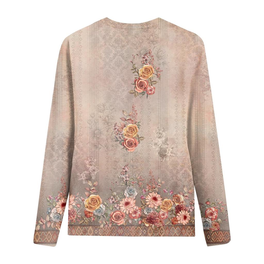 Women's Fashion Casual LongSleeve Print Round Neck Pullover Top Blouse