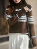 Women's Retro Color Block High Neck Knit Cardigan - Autumn Winter Long Sleeve Korean Style Sweater in Coffee Tone.