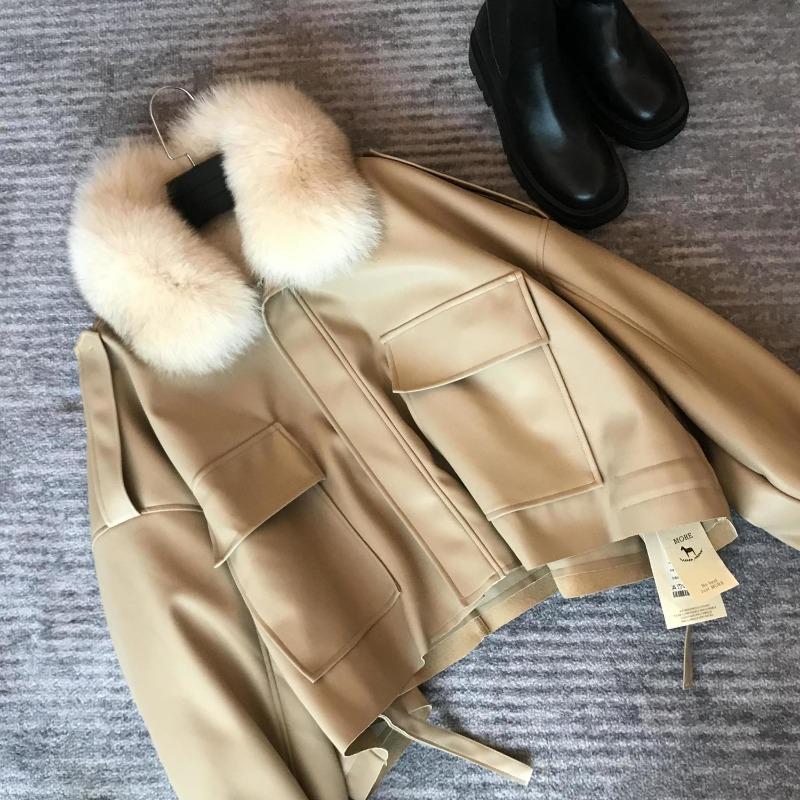 Fleece thickened leather jacket short removable 2 autumn and winter new products imitation fox fur collar fur integrated jacket women's clothing