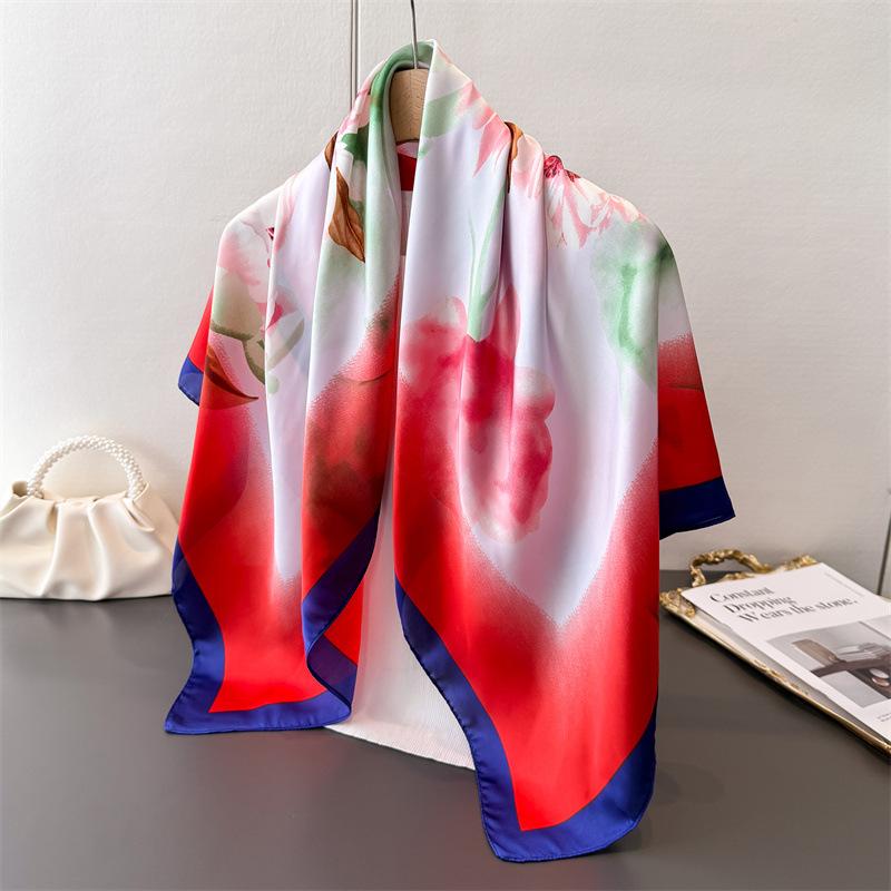 

New National Color Peony Imitation Silk High-End Printing Large Square Scarf Silk Scarf Shawl Headscarf Neck Protection Scarf 90*90cm