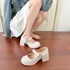 Mary Jane high heels spring and autumn one-word buckle belt square head patent leather temperament thick heel waterproof table single shoes