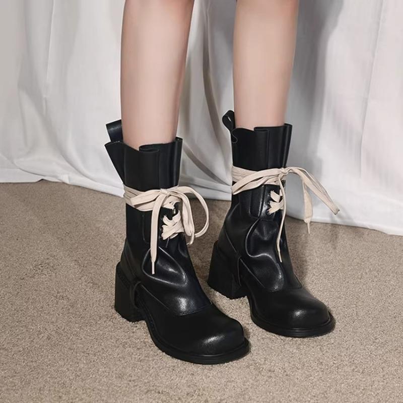 High Quality Women's Boots Round Head 6cm Retro Style Lace-up Thick Heel Short Boots Fashion Belt Buckle Ankle Boots Botas Mujer