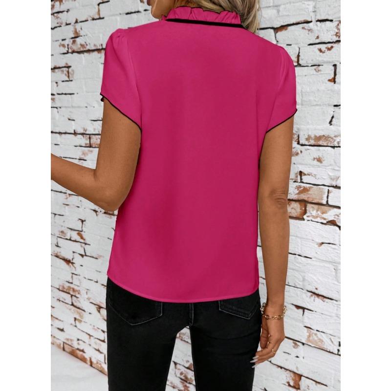 YYFS Bluze și cămăși de damă, casual, de vară, de primăvară, cu imprimeu floral, cu mânecă scurtă, cu guler înalt