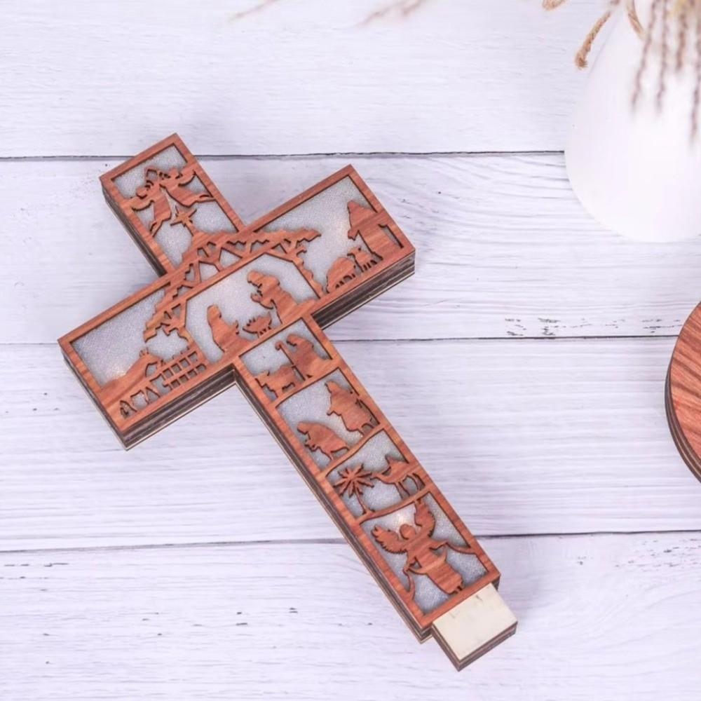 Wooden Decoration Desktop Cross Ornament Handcrafted Luminous Ornament  Easter Party