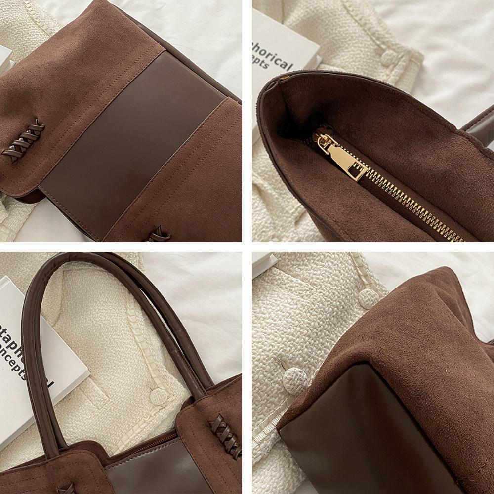 Wildleder Oberfläche Handtasche Für Damen, Koreanische Mode Freizeit Pendler Handtasche, Vintage Farbkollision Spleißung Tote Bag