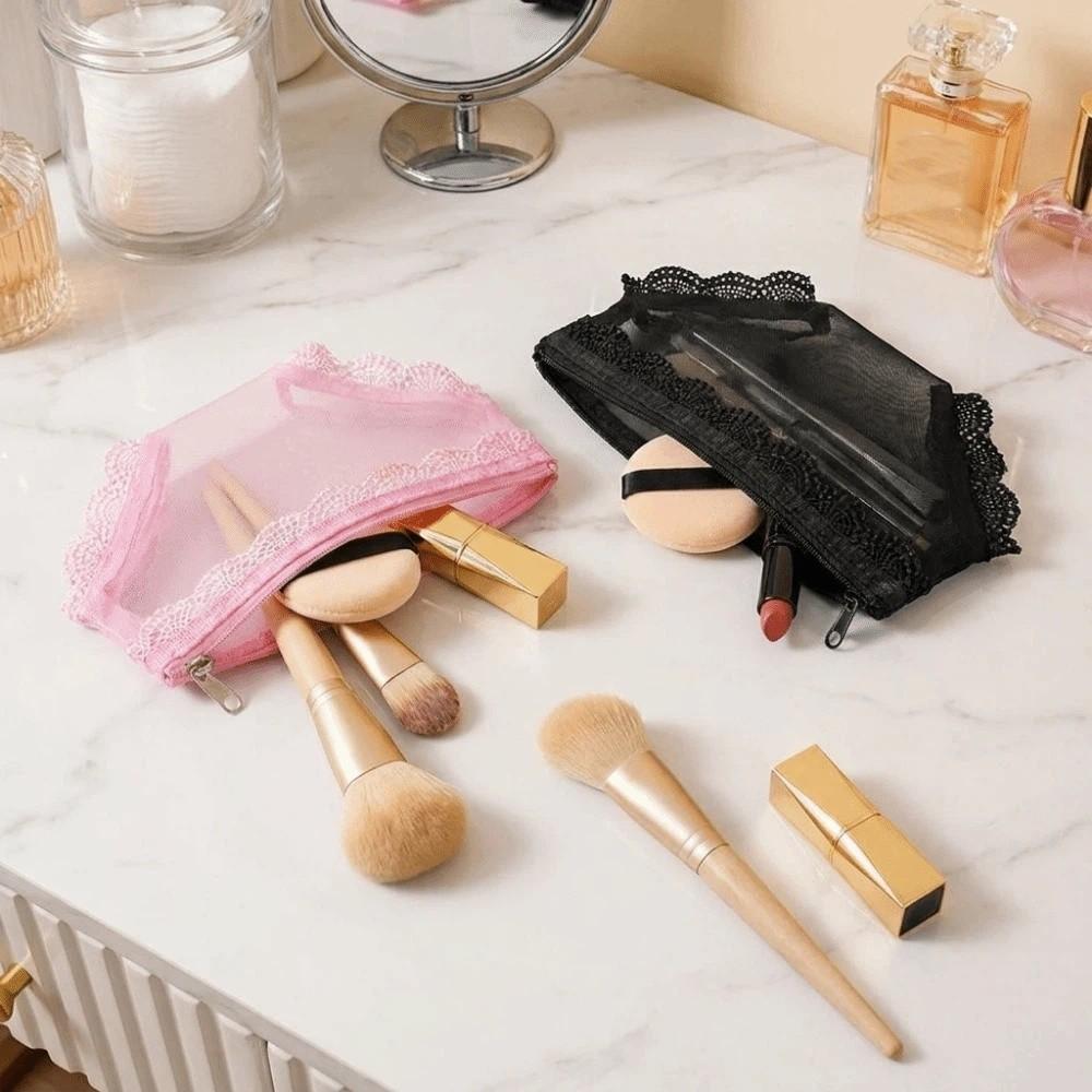 Korean Style Mesh Toiletry Bag Lace Trim Makeup Storage Pouch Jewelry Organizer  for Travel