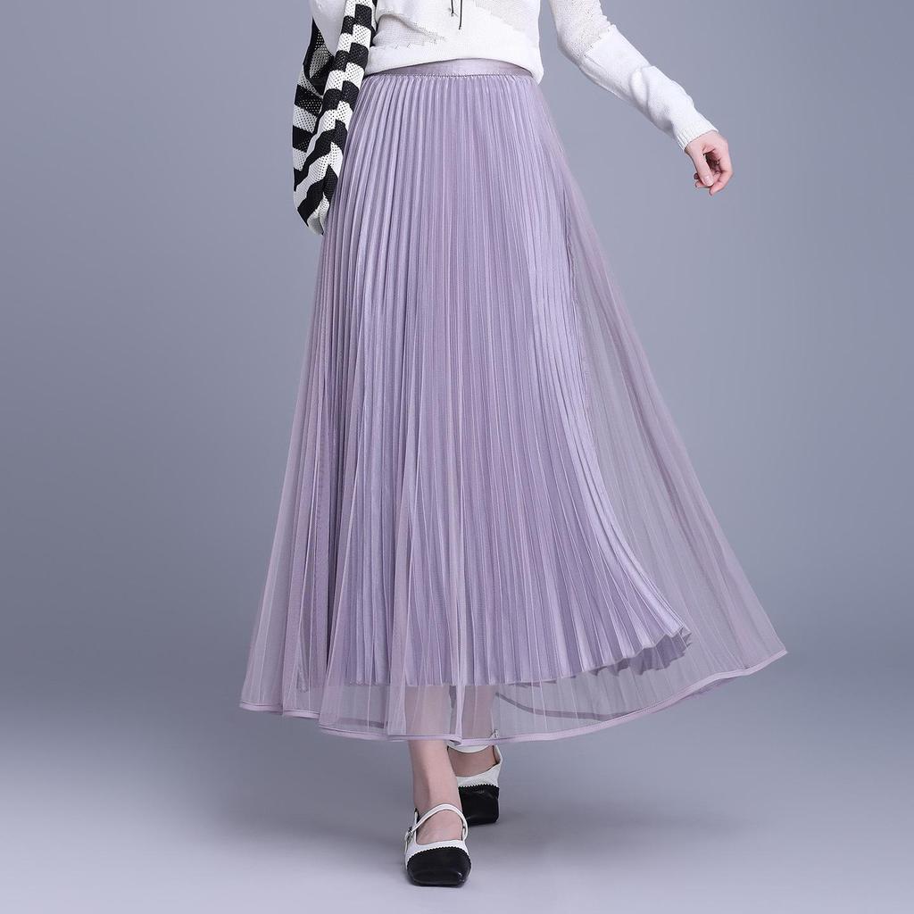 2026 Spring High Waist Pleated Mesh Skirt, Double-Sided Wear, Large Hem, Slimming Commuter Style.