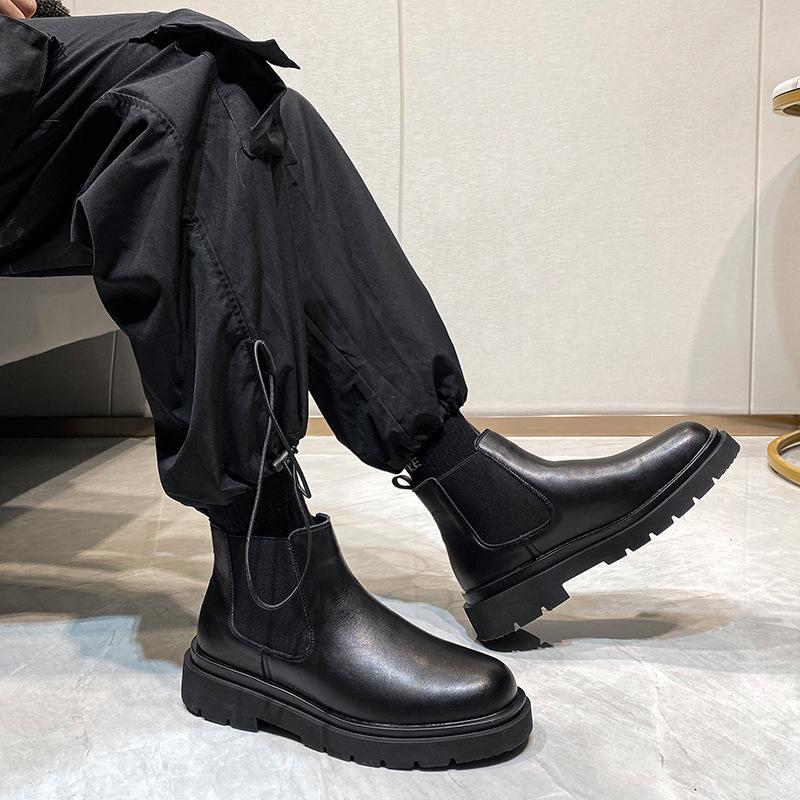 Korean Style Men's Casual Chelsea Boots Tide Genuine Leather Shoes Warm Autumn Winter Boot Cowboy Platform Ankle Botas Zapatos