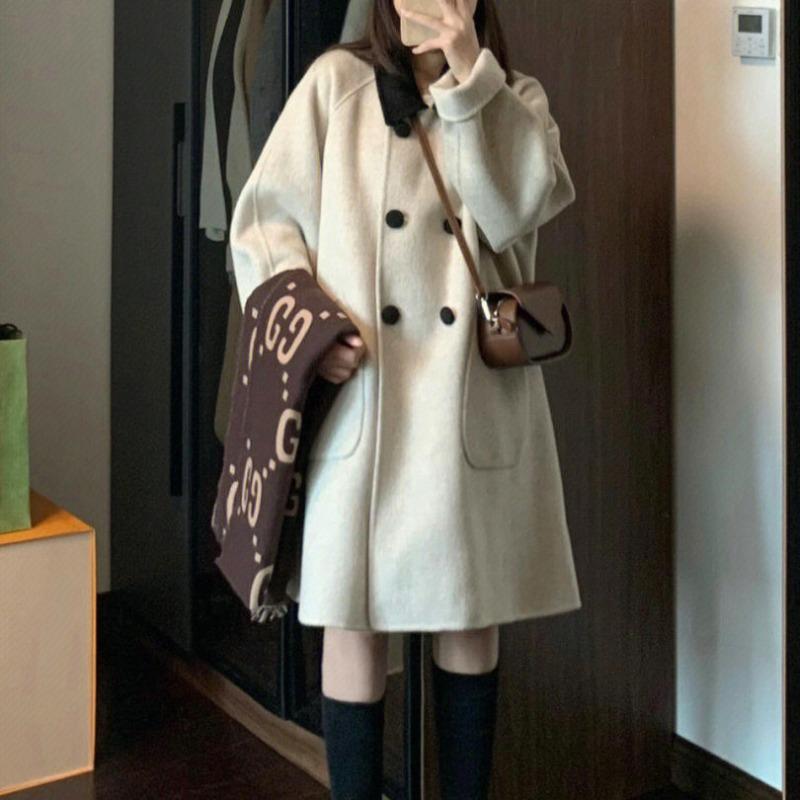 Retro College Contrast Color Mid-length Woolen Coat for Women Small Korean Style Loose Slim Versatile Woolen Coat for Women