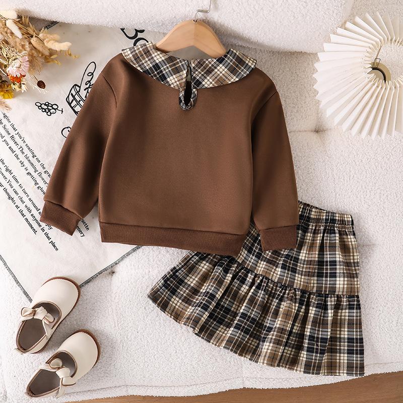 Girls' Fashionable Outfit: Fall Children's Preppy-Style Polo Shirt, Printed Hoodie, and Checkered Skirt Two-Piece Set