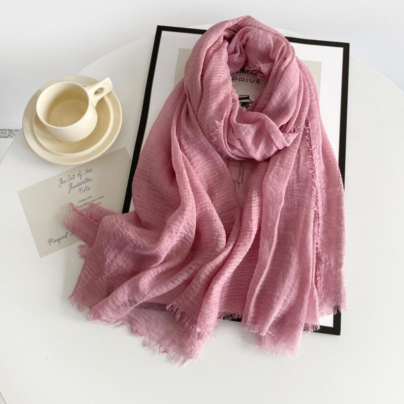 Women's Cotton Linen Gauze Scarf - Solid Color, Summer Sun Protection, Breathable, Retro Fringed Shawl