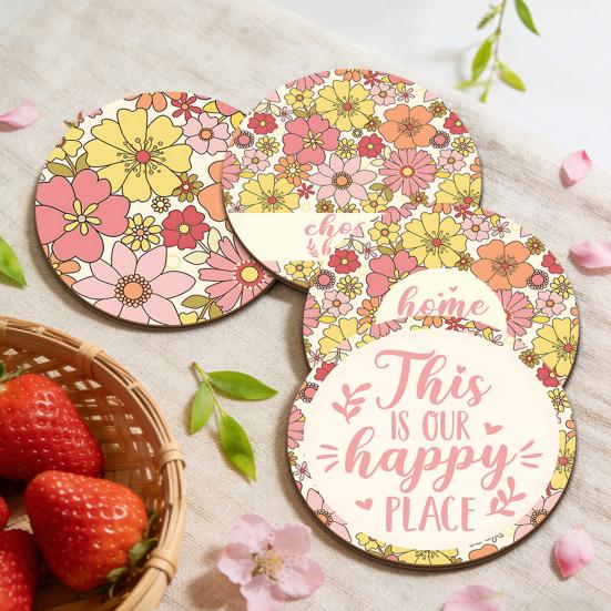 Tabletop Drink Holders 4PCS Easter Flower Coasters Set, Thick Cork Base Non-Slip Heat Resistant Non Slip Wood Coasters, Floral Print Decorative