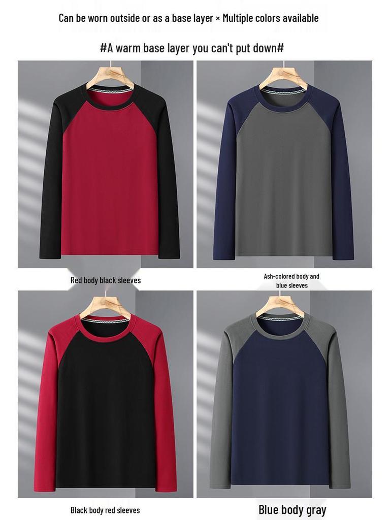 Men's Plus Size Velvet Base Layer Shirt with Color Block Raglan Sleeves – Extra Wide, Loose Fit, Thick Winter Wear, 330 Jin