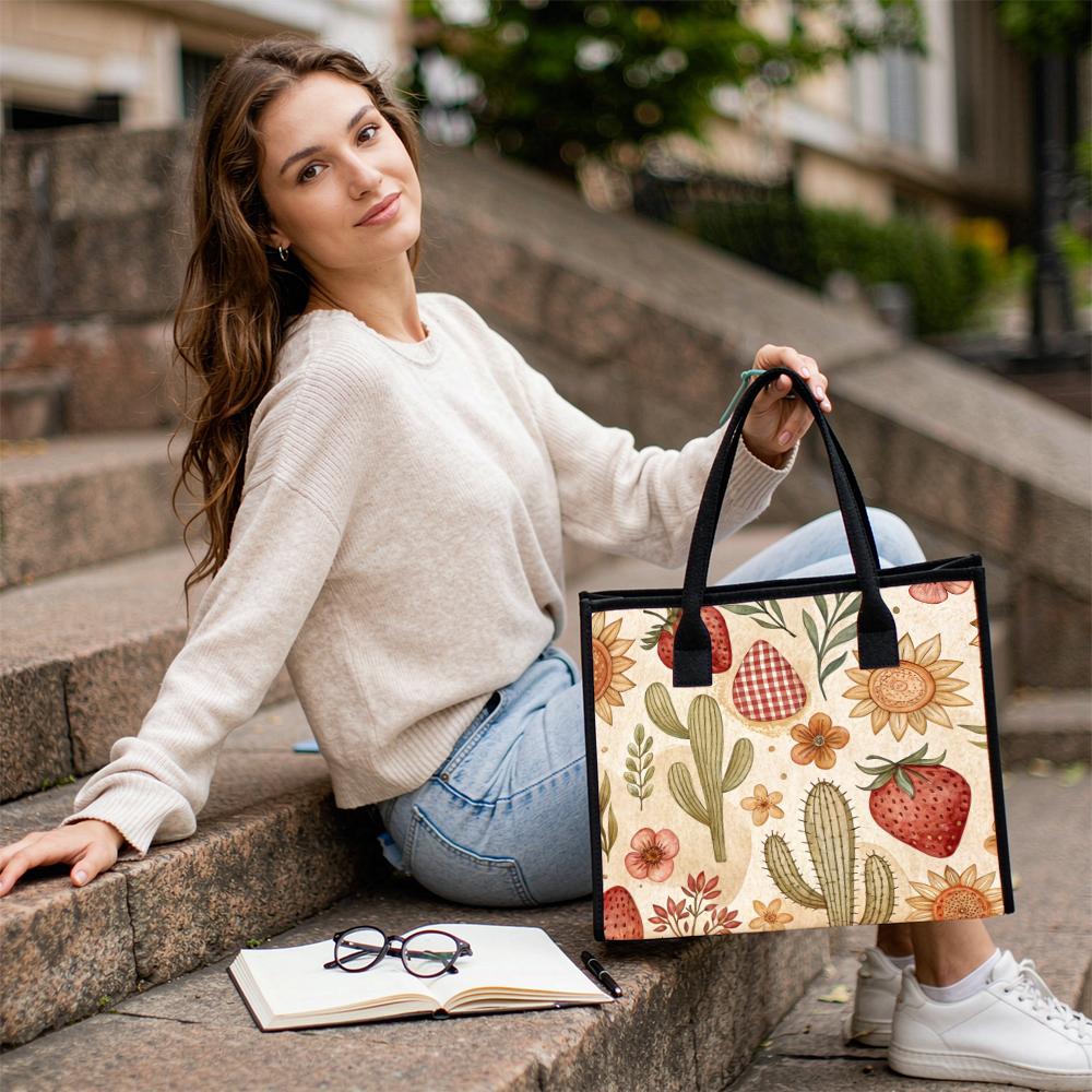 Boho Floral Cactus Strawberry Print Casual Tote Handbag for Daily Use