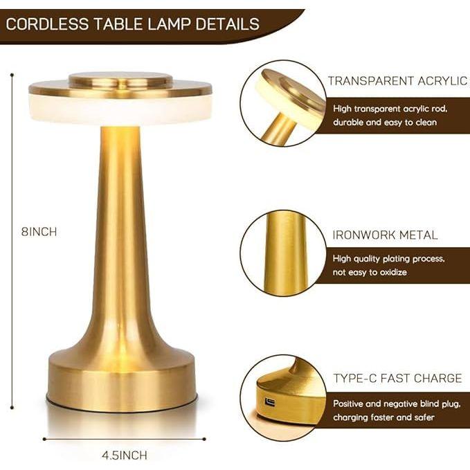 Metal LED Table Lamp, Retro Gold Touch Sensor Lamp, 2000 mAh Rechargeable Battery, 3-Level Dimmable Warm Light, Night Light for Kids