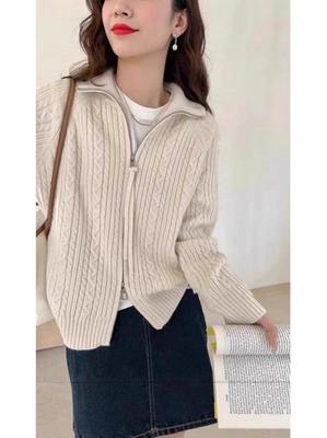 Women's 100% Pure Wool Zipper Cardigan - Thickened, Fashionable, Warm Cashmere Knit Sweater Coat for Early Autumn