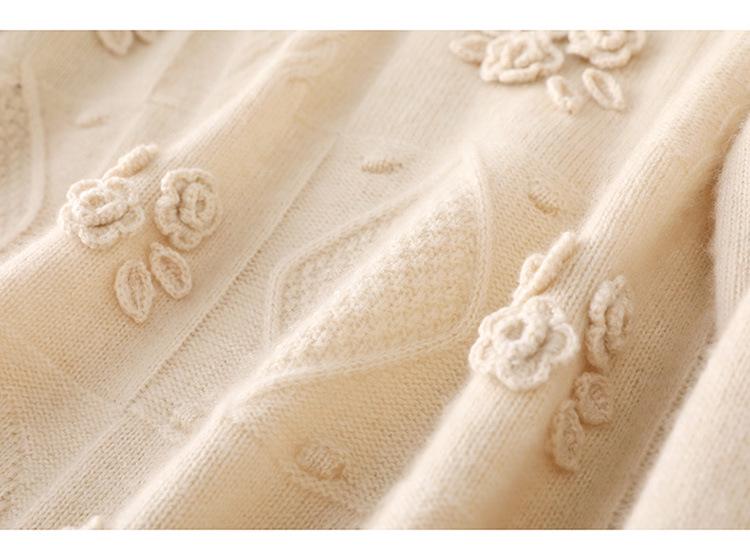 Women's Autumn Winter Wool Crochet Sweater - Casual Embroidered Round Neck Loose Knitwear