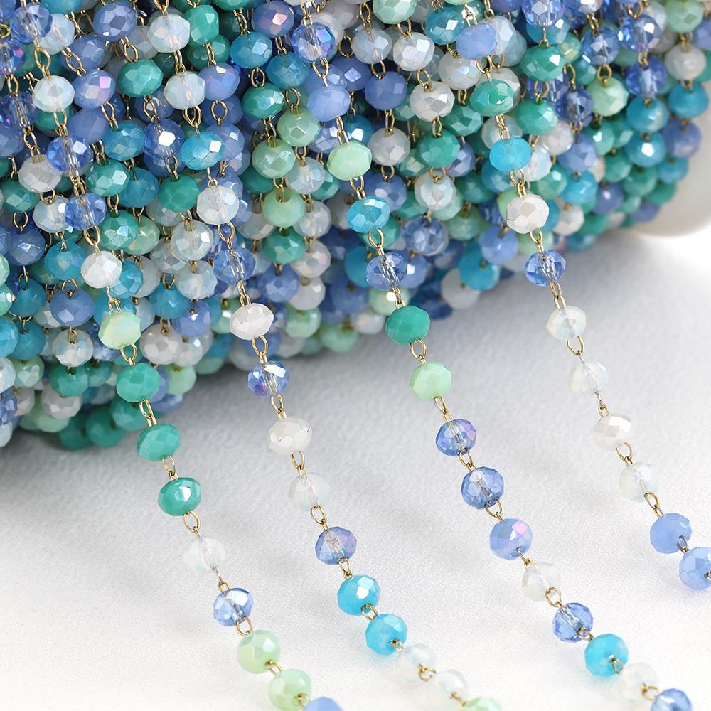 No Fade 1Meter Crystal Stone Stainless Steel Chain Pink Blue Beaded Chains for Necklace Bracelet Chain Jewelry Making DIY