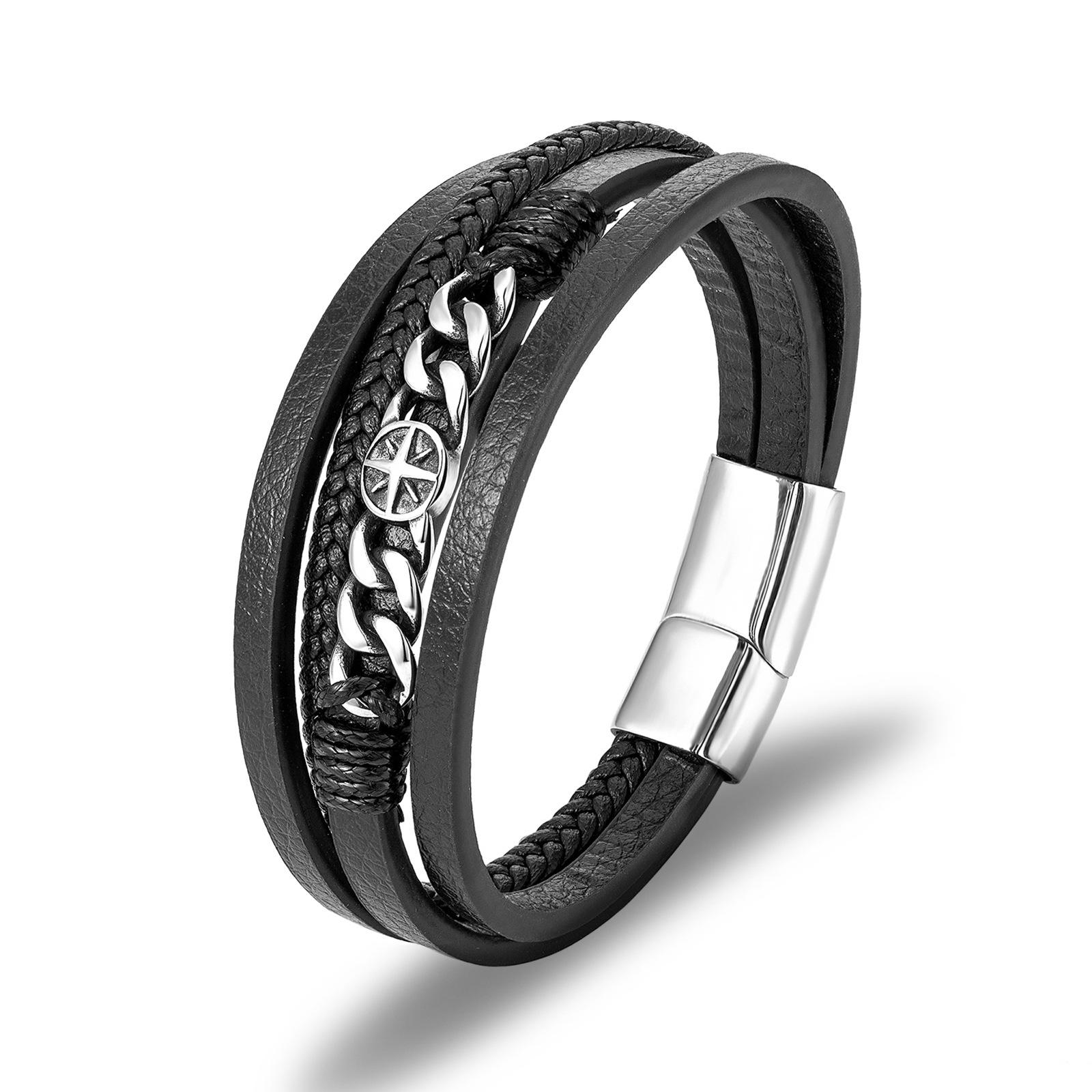 Jewelry Hot Selling Stainless Steel Chain Leather Bracelet European and American Men s Personalized Woven Leather Bracelet Bracelet