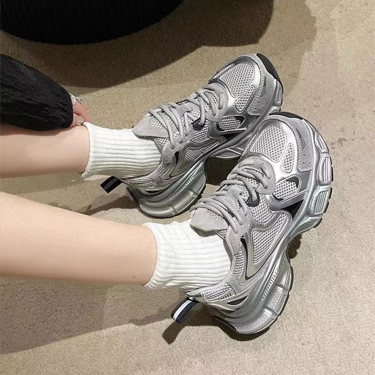 Thick-soled heightening dad shoes women's spring new silver breathable versatile lightweight sports and leisure shoes