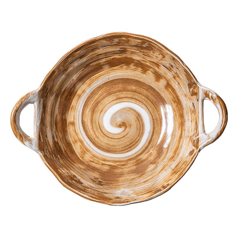 Binaural Bowl Coarse Pottery Household Fruit Bowl Salad Bowl Retro Tableware High-End Niche Dish Bowl Dessert Bowl