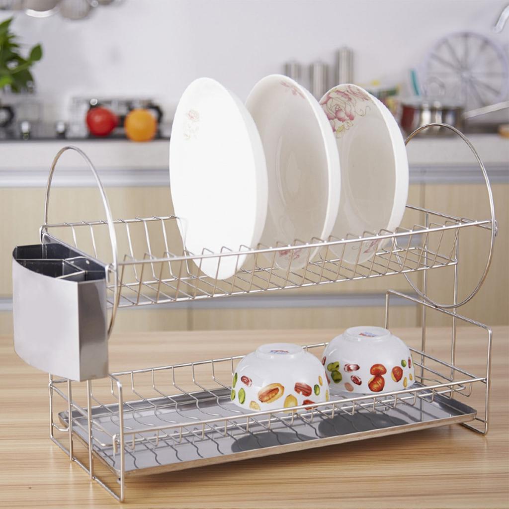 2 Tier Dish Drying Rack Stainless Steel Double Layers Dish Drainer with Cutlery Holder for Kitchen Storage