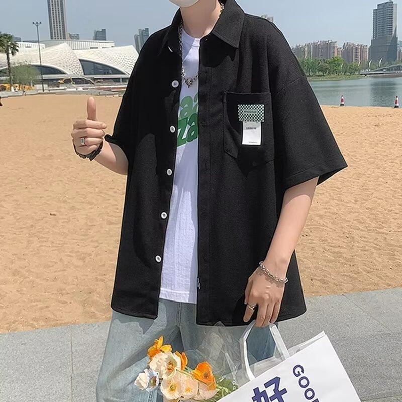 

Рубашка с короткими рукавами из вафельной ткани для мужчин, летняя новая корейская версия 2024 года, красивая рубашка с рукавом пять четвертей, красивый повседневный топ Rascal XL чёрный