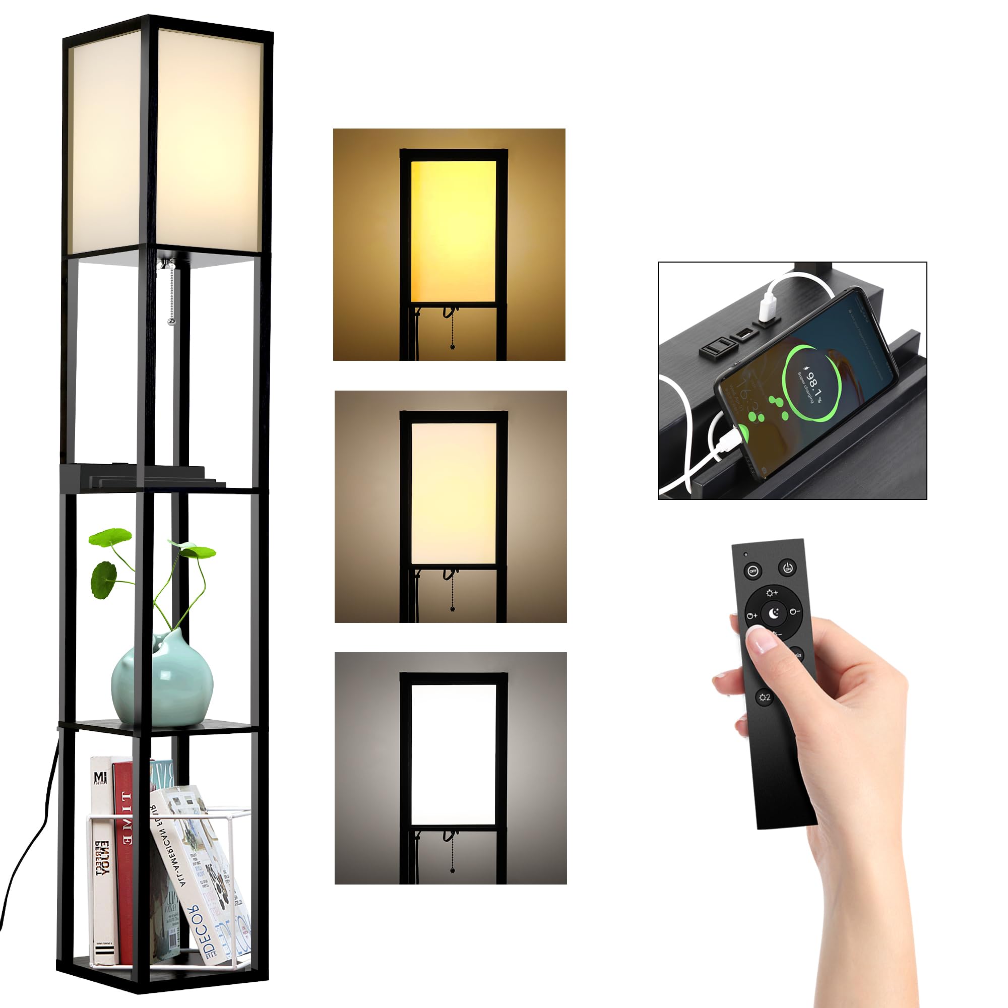 

JINS&VICO Floor Lamp with Rack, Stand Light [with USB Charging Port], Stylish Ambient Lighting, Remote Control, Adjustable Brightness and Color