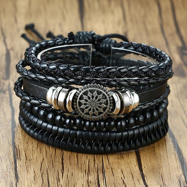 Vnox Mens Leather Bracelet Set ,Compass Life Tree Leaf Charm Bangle For Boys ,Black Vintage Punk Holiday Pu Wristband Gift