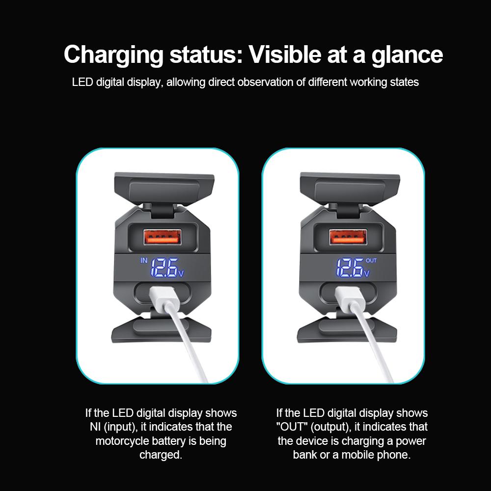 Motorcycle USB C Charger 100W Super Fast Emergency Two-Way Charging Moto Battery Charger & Voltmeter 2 Ways Installation