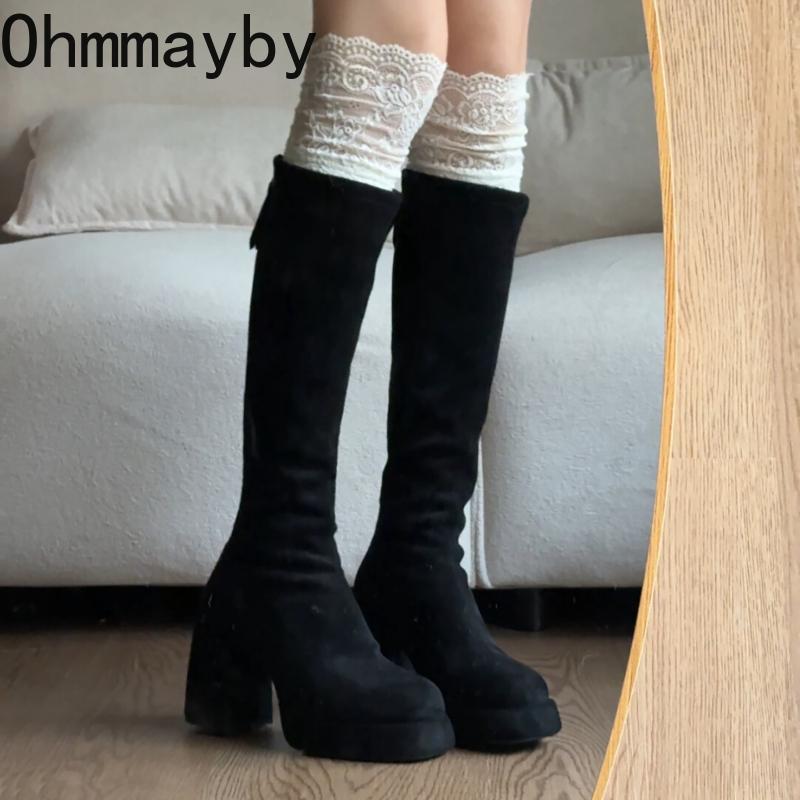 Winter Platform Thick Heels Woman Knight High Boots Sexy Round Toe Stripper Party Shoes Female Vintage Stretch Slim Long Booties