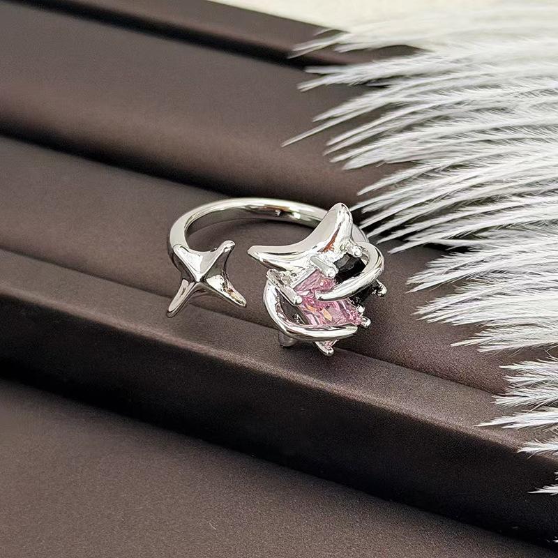 Color Zircon Bow Love Open Ring Women'S Light Luxury Fashion Niche Sweet And Cool Design Sense Tetragonal Star Ring
